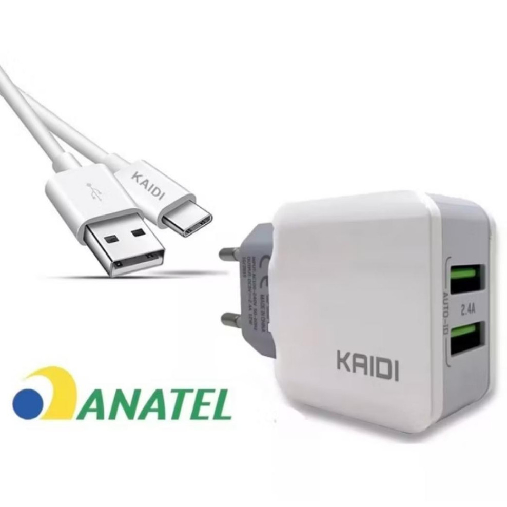 Carregador Tipo C e iPhone Kaidi 2 Entradas USB Completo Fonte + Cabo Carregamento Super Rapido