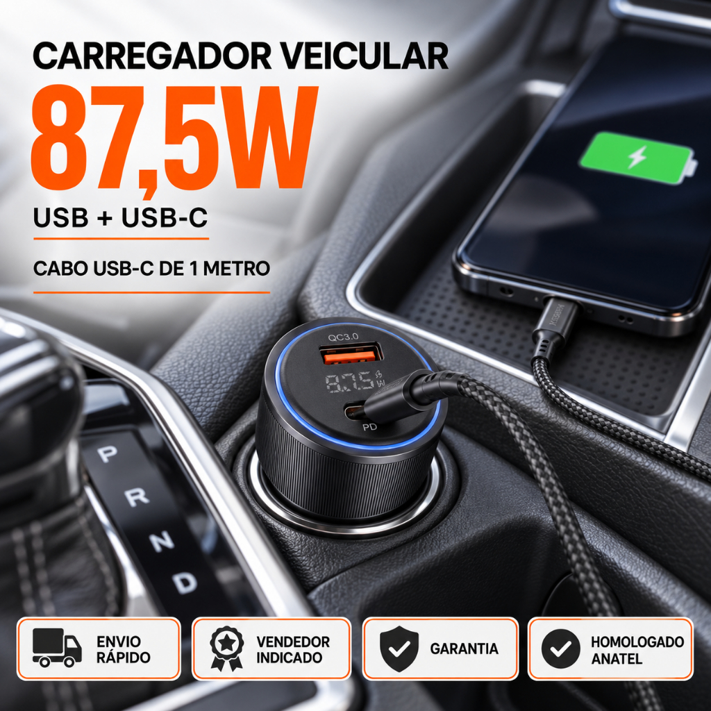 Fonte Carregador Veicular Super Rápido 87.5W USB E USB-C