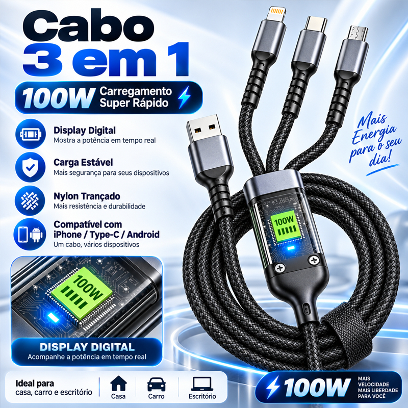 Cabo de dados três em um luminoso transparente de 100 W Suporte de carga Super rápida Tipo-C Micro USB iPhone