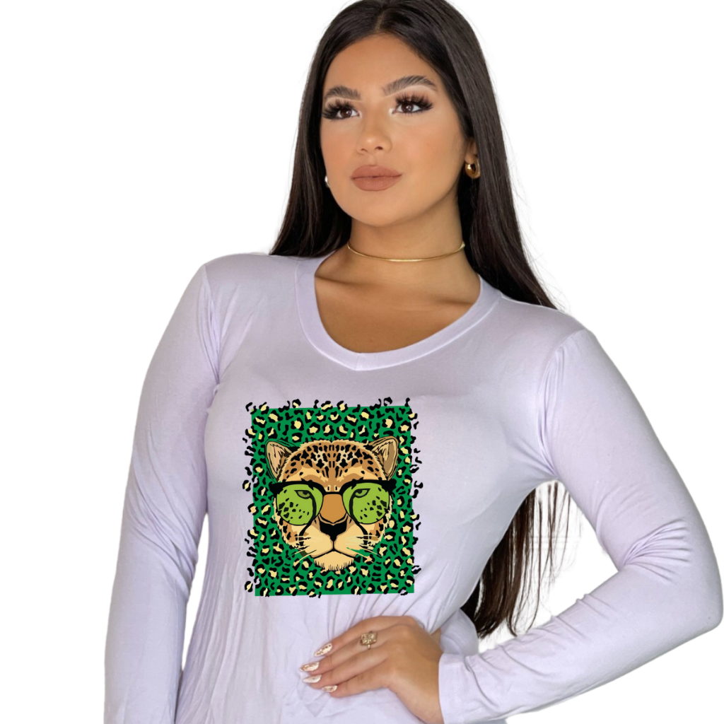 Blusa de Frio Feminina Estampada Leopardo animal print verde Gola V Manga Longa Casual, Inverno