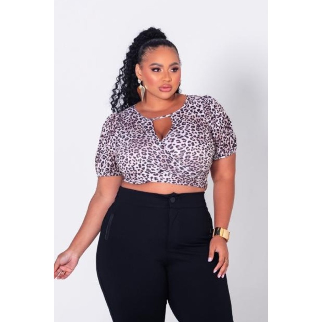 Blusa Cropped Plus Size Animal Print Feminino Manga Bufante Moda Plus Size 44 ao 52