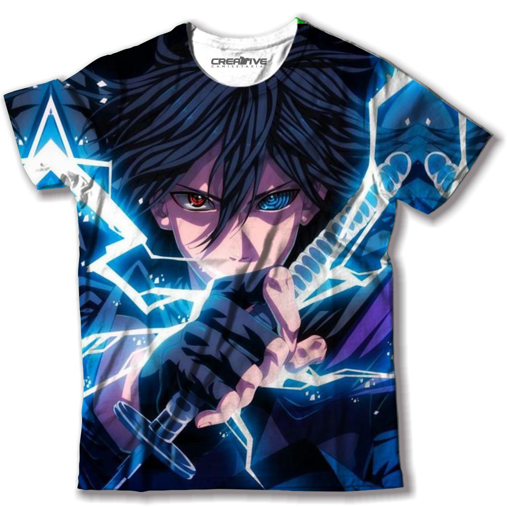 Camisa Camiseta Anime Naruto Shippuden Sasuke Adulto e Infantil Estampa Full Print Na Frente