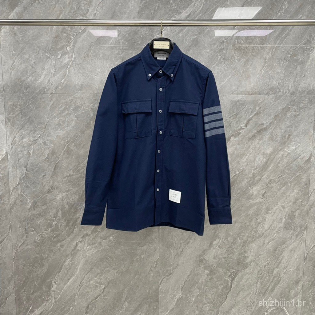9GUK New autumn flannel four-stripe workwear long-sleeve shirt with double chest pockets, stylish and casual