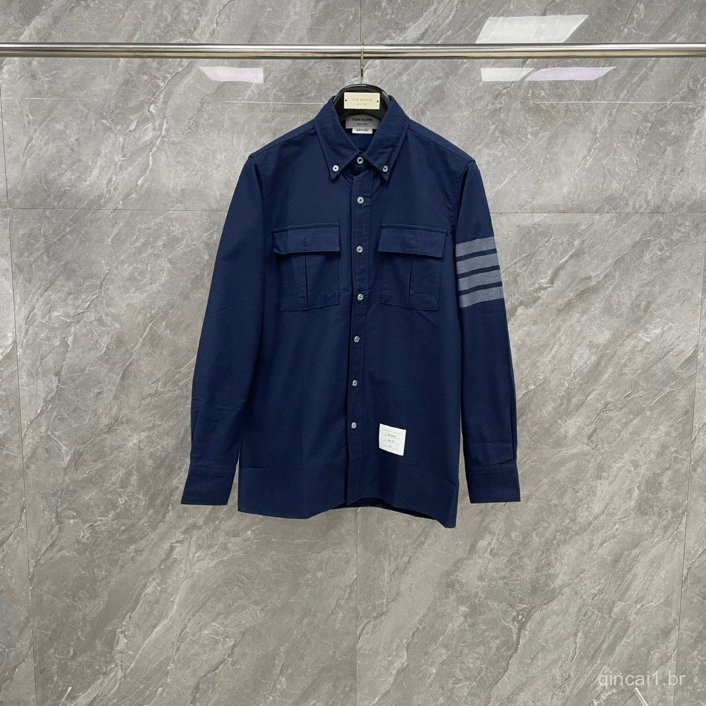 M61F New autumn flannel four-stripe workwear long-sleeve shirt with double chest pockets, stylish and casual
