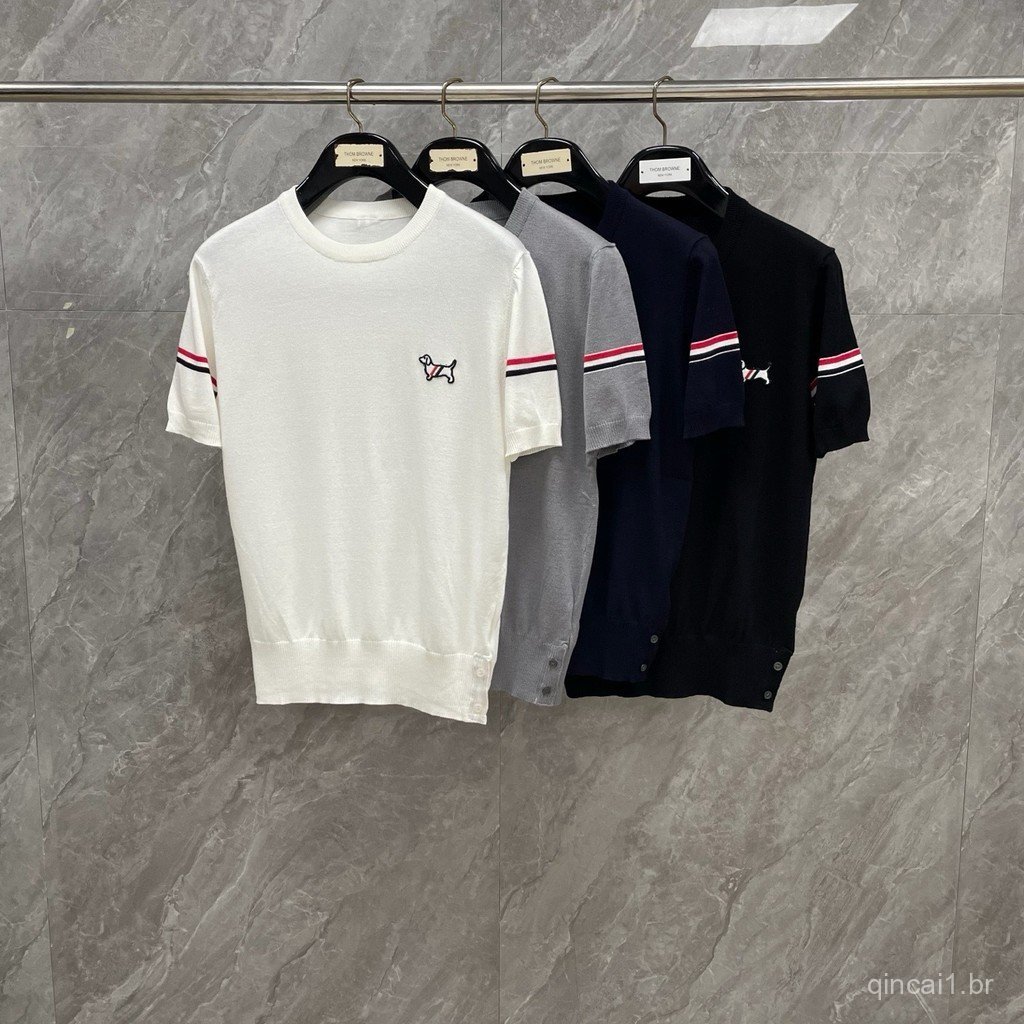 FVNM Summer knitted short-sleeve top with dog embroidery on the chest, double sleeve stripes, unisex style