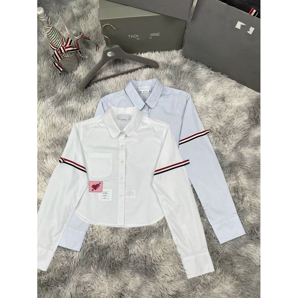 SWHT 2026New  New style shirt with double-sleeve woven stripes, short length, classic preppy style, versatile casual lon