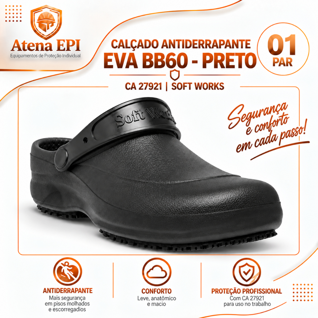 Calçado Antiderrapante Eva epi Bb60 Preto Ca27921 Soft Works Enfermagem Restaurante Cozinha Babuche Profissional