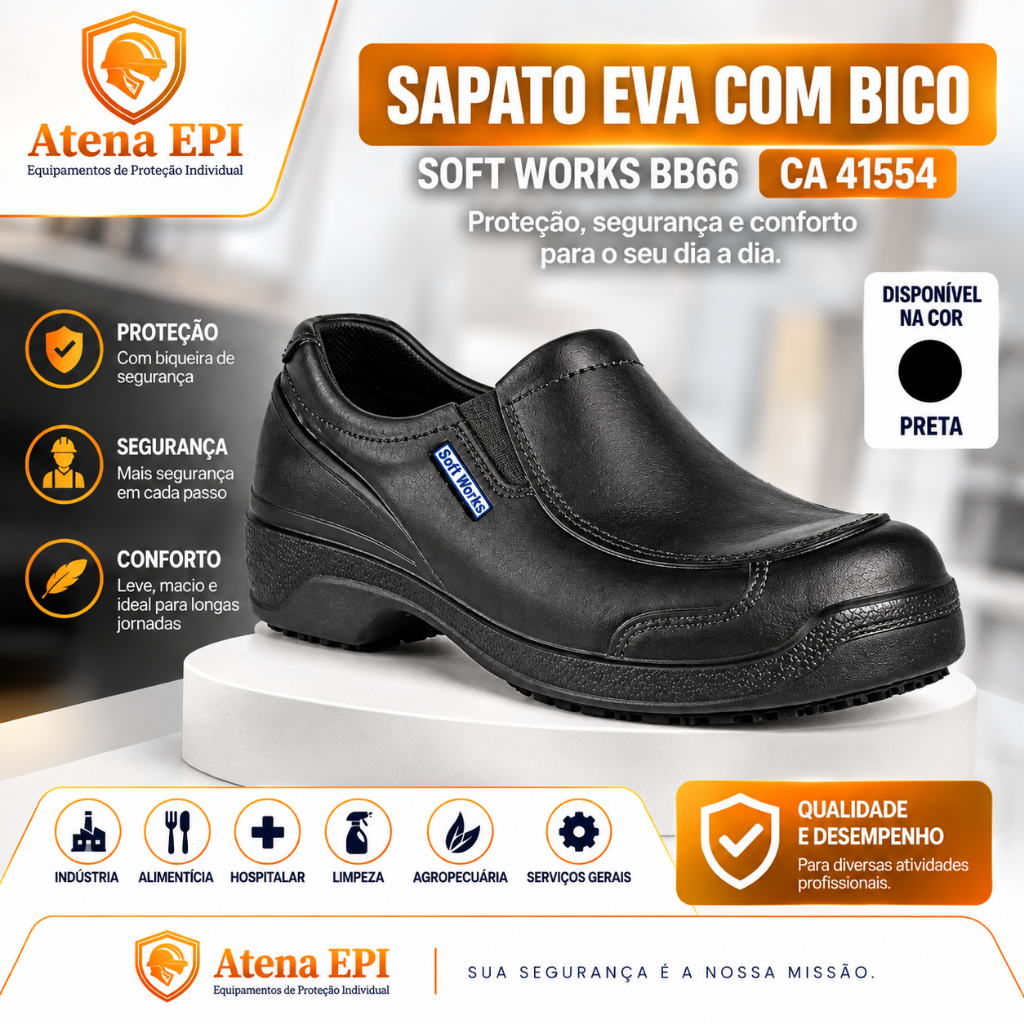 Sapato Classic Works Com Biqueira BB66 Soft Works Preto EPI CA 41554 Proteção Antiderrapante Enfermeira Limpeza Cozinha