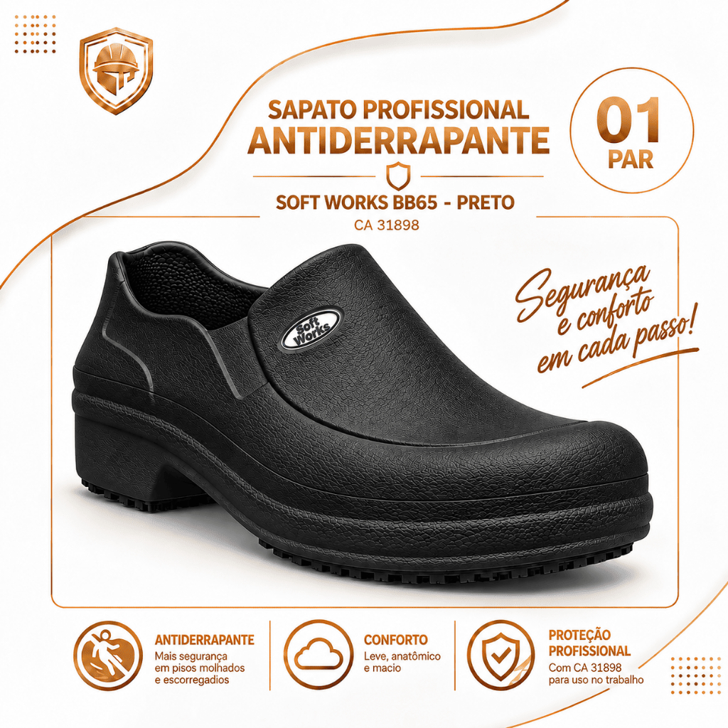 Sapato Antiderrapante Soft Works Bb65 Preto Profissional EVA CA 31898 Enfermagem Conforto