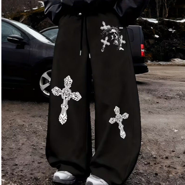 Calça Baggy Balão Wide Leg Streetwear Unissex God's Cross Jesus Christ Aesthetic Cristã Fé Drip Y2k