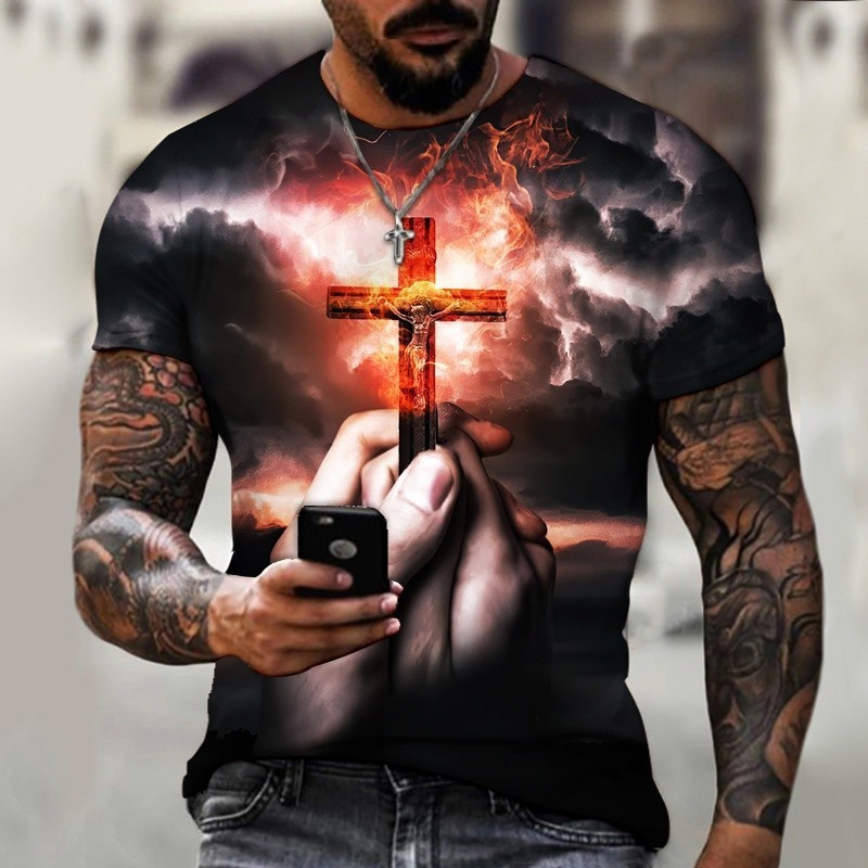 Camiseta Summer fashion Religião Deus Cristo Jesus Cross 3D Impresso Manga Curta top