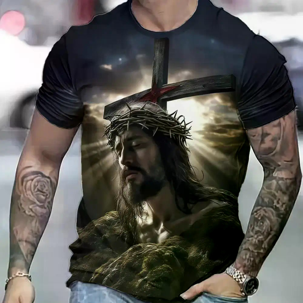 Jesus Cross Pattern Camisetas Masculinas Com Estampa 3D , Gola Redonda , Manga Curta , Grandes , Streetwear , Harajuku ,