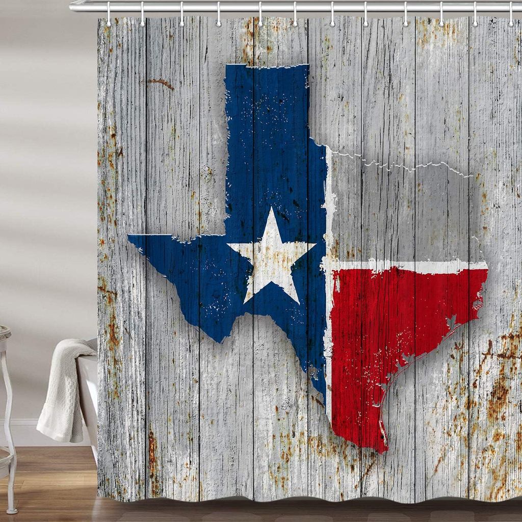 JAWO Texas Map Shower Curtain for Bathroom, Texas Flag on Rusty Rustic Wooden Board American Southwestern Profession Pol