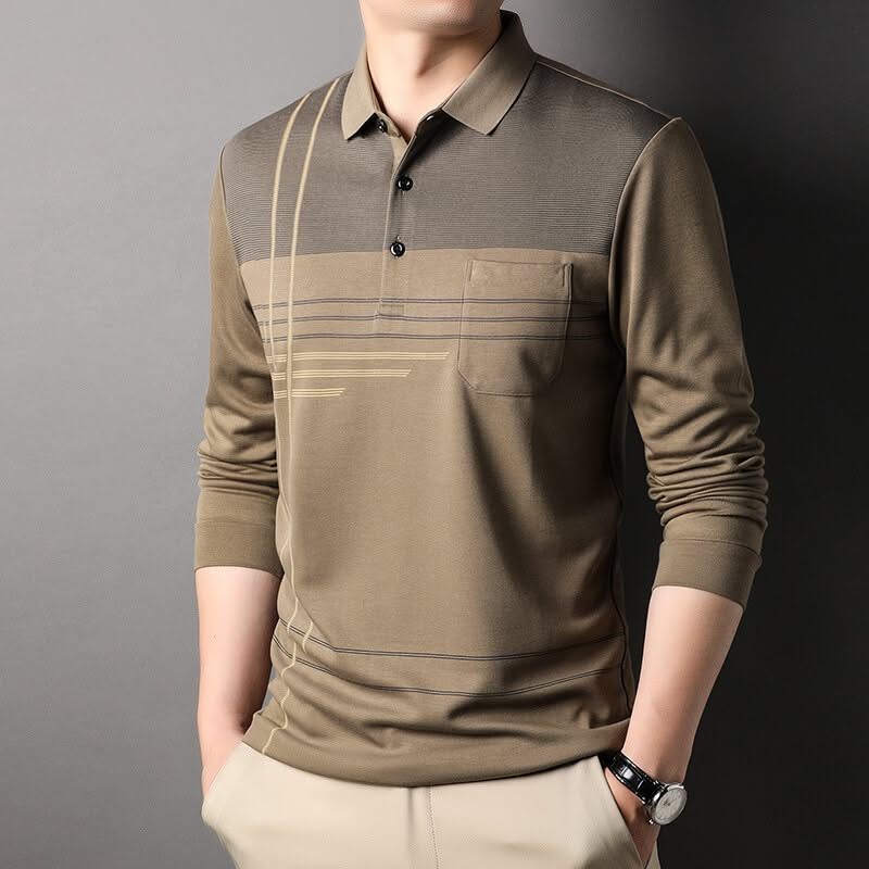 Camisa Polo Masculina De Manga Comprida Xadrez Azul Escuro Knight Logo Print Business Casual Top CZ 1