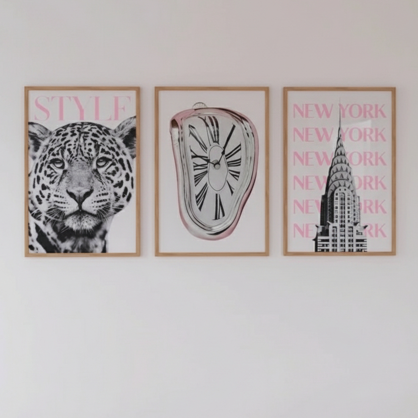 Quadros decorativos Leopardo Relógio Derretido New York Moderno (3 peças)