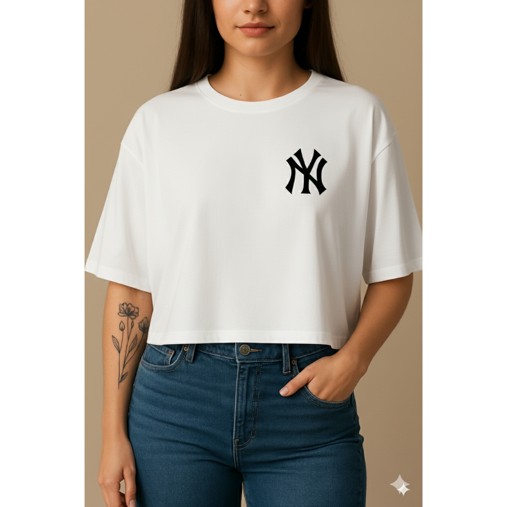 Croped Oversized de Algodão T-shirt Báscio Estampada New York Blusinha Feminina Streetwear