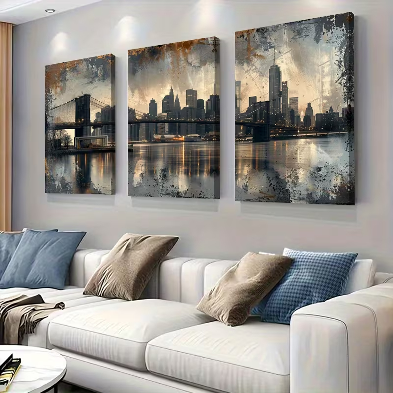Kit 3 Quadros Decorativos Arte Urbana Metrópole Nova York Ponte Skyline Urbano Moderno