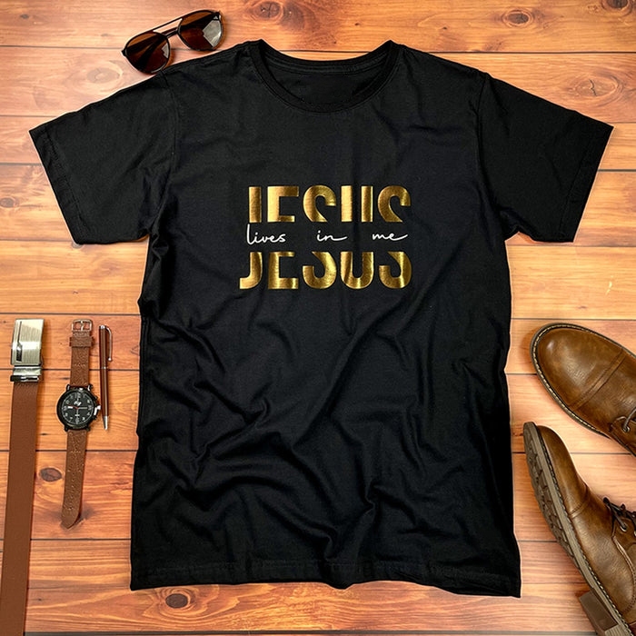 Camiseta Masculina Jesus Lives in Me Regular Fit Algodão Premium Gospel Cristã Evangélica