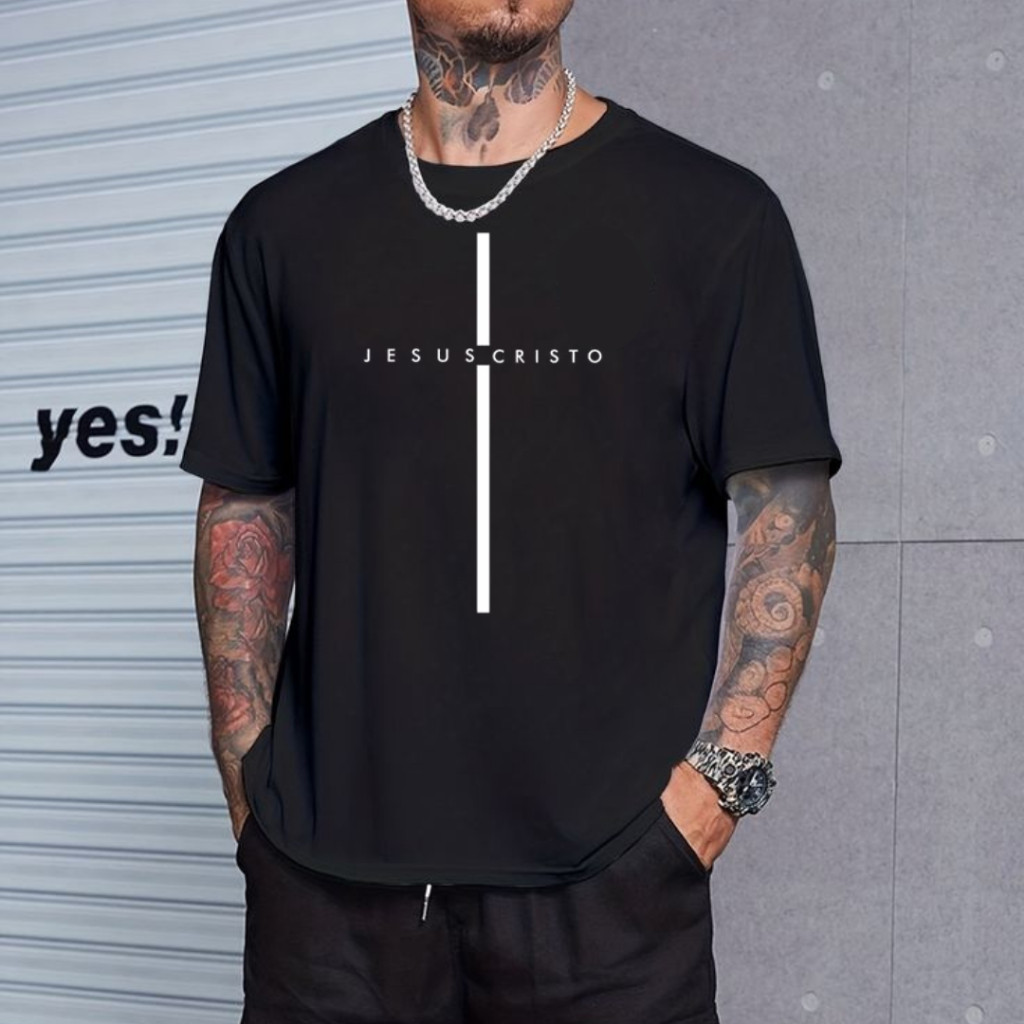 Camiseta 100% Algodão Estampa Jesus Cristo em Cruz Lançamento Religiosa