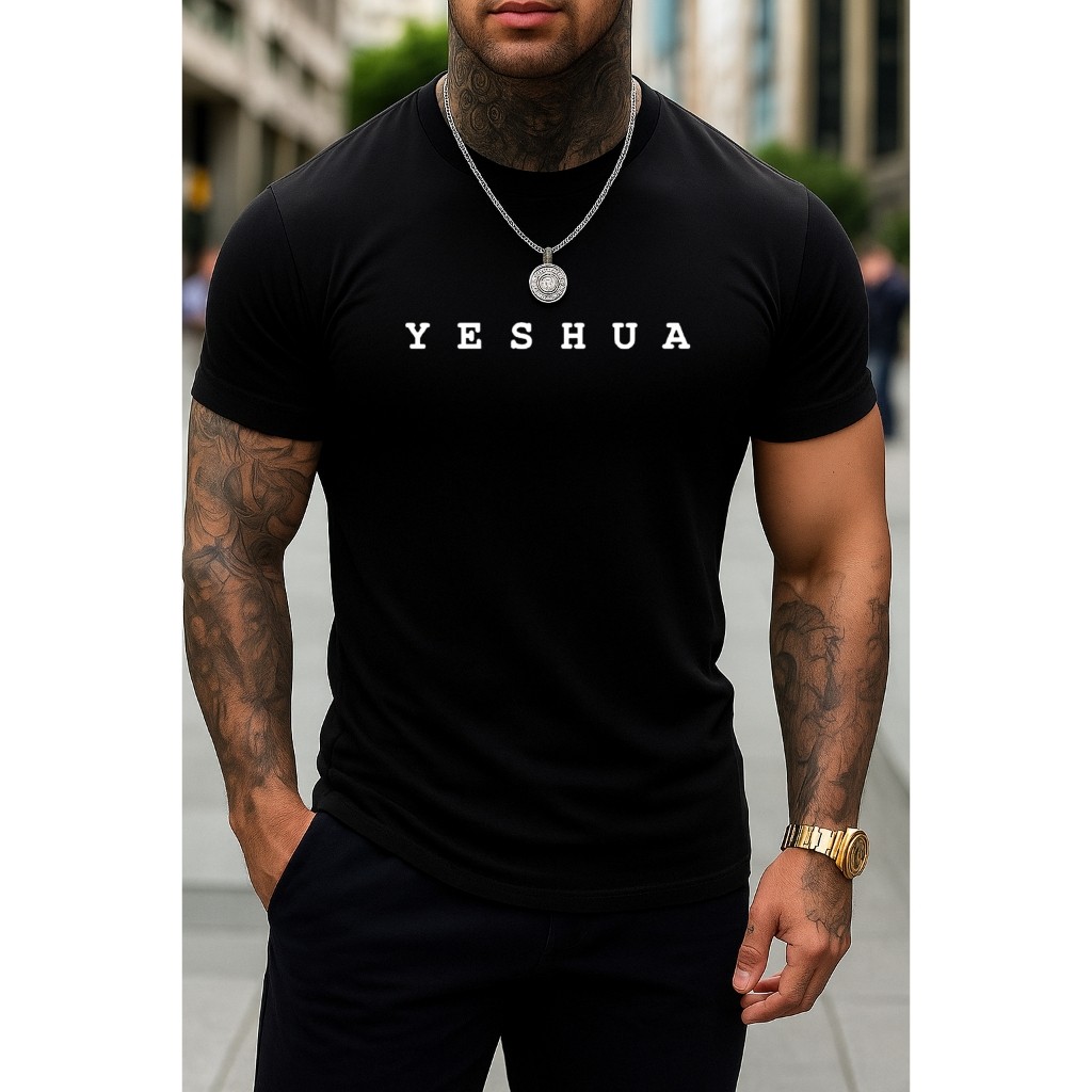 Camiseta Masculina Cristã Gola Redonda Casual Estampa de Yeshua Algodão Camisa Gospel Promoção Jesus