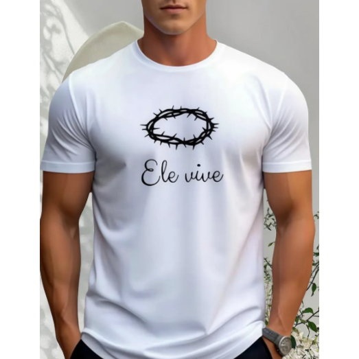 Camiseta Masculina Estampa Jesus ele Vive Tecido Premium 100% Algodão