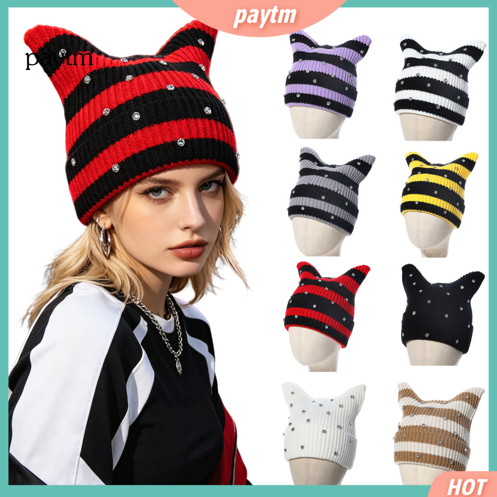 Striped Cat Ear Hat Contrast Color Cute Beanie for Women Girls Crochet Winter with Shiny Rhinestones Warm Knitted Cap Pe