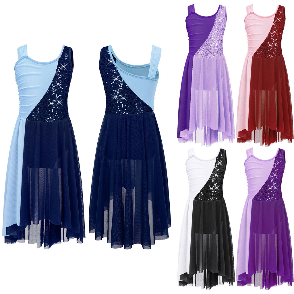 inhzoy Kids Girls Contrast Color Stylish Sleeveless Round Neckline Shiny Sequins Decorated Irregular Hem Dance Dress