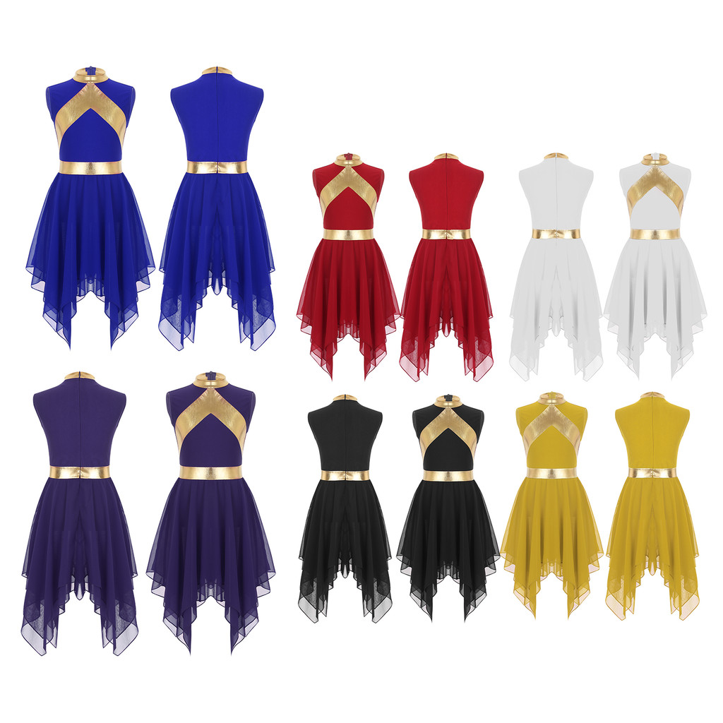 inhzoy Kids Girls Liturgical Praise Dance Dresses Metallic Contrast Color Patchwork Sleeveless Asymmetrical Hem Dress