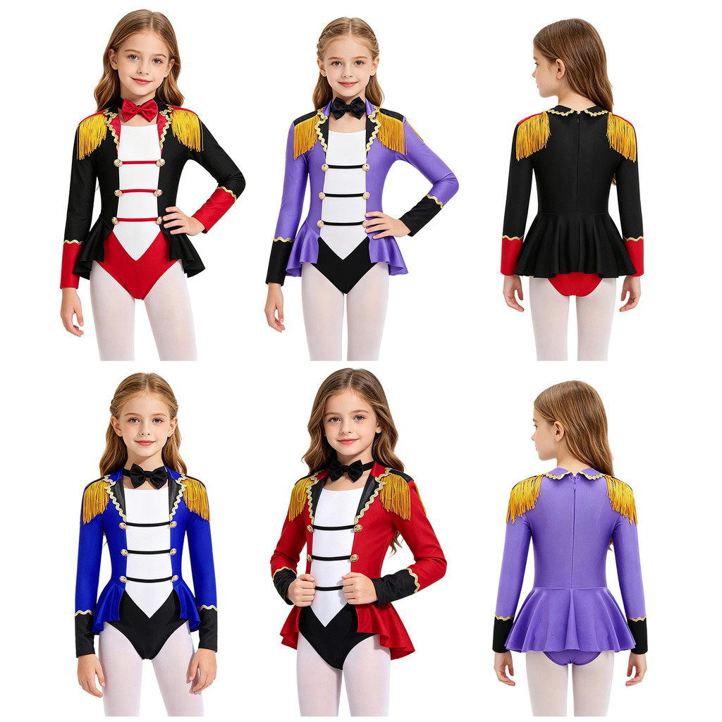 inhzoy Kids Girls Circus Costume Long Sleeves Color Contrast Patchwork Tassel Buttons Adorned Cosplay Jumpsuit with Tie