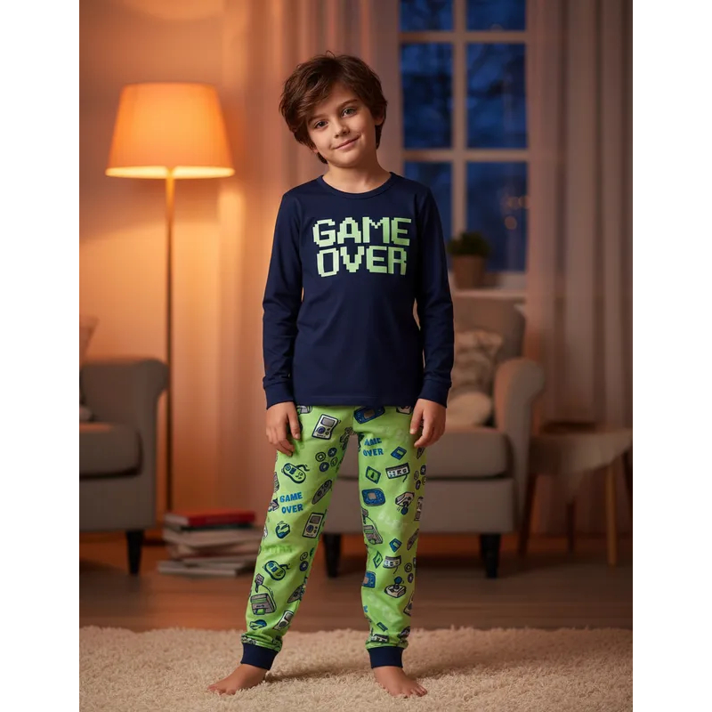 Pijama Infantil Masculino Inverno Game Over BRILHA NO ESCURO