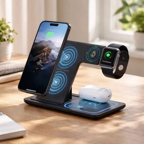 Carregador Sem Fio 3 em 1 para iPhone Apple Watch e AirPods | Base de Carregamento Wireless Dobrável