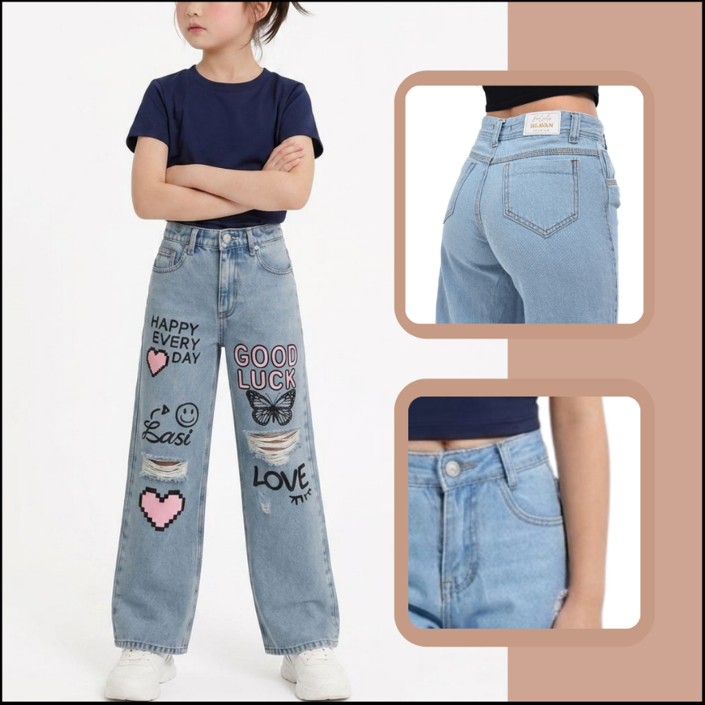 Calça Jeans Wide Leg Estampada Para Meninas