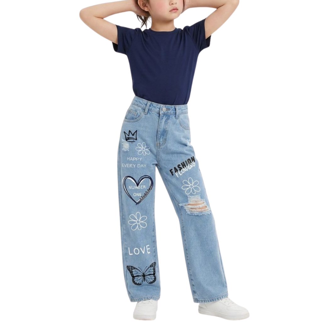 Calça Estampada Wide Leg Jeans Infantil e Juvenil Para Meninas