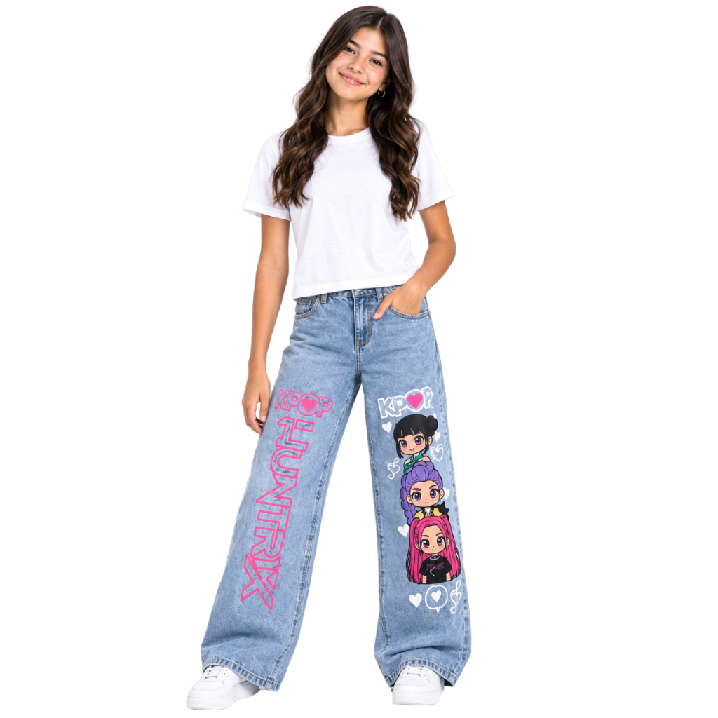 Calça Jeans Wide Leg infantil Juvenil Estampada com desenho