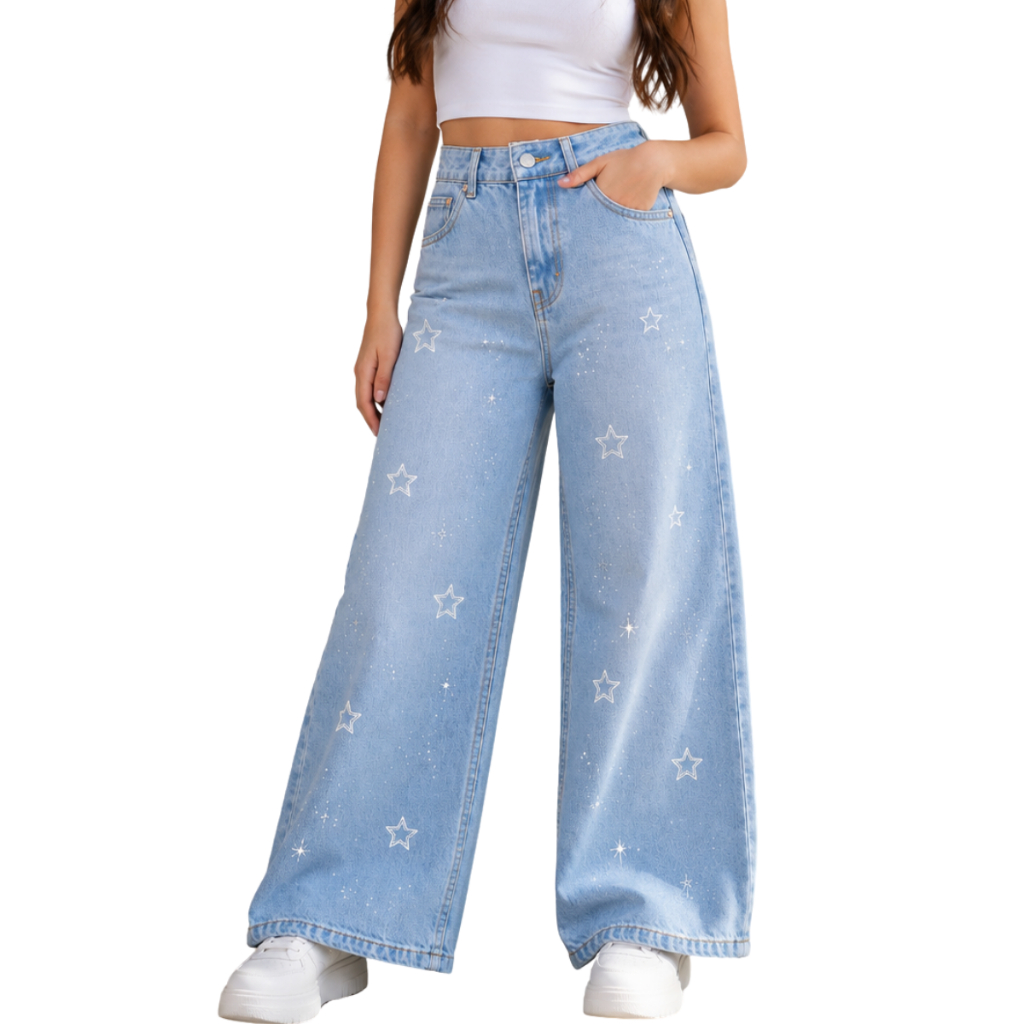 Calça jeans menina pantalona wide leg  juvenil com desenho Stitch