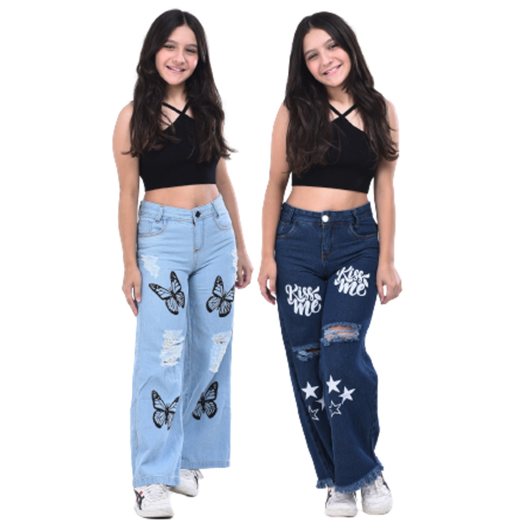 Calça  jeans pantalona infantil wide leg  com desenho do 8 aos 16