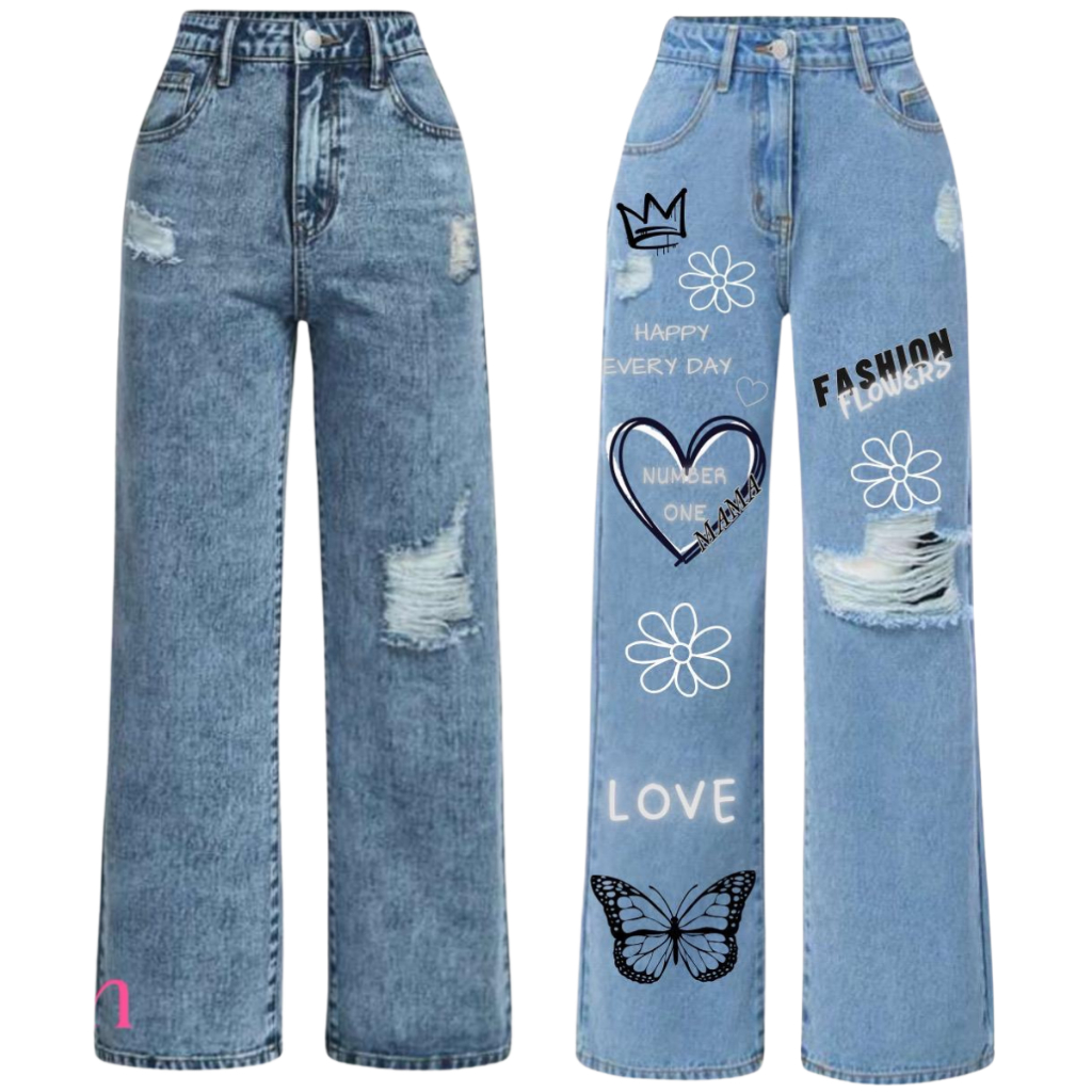 Combo 2 Calça Wide Leg Jeans Infantil e Juvenil  Estampadas