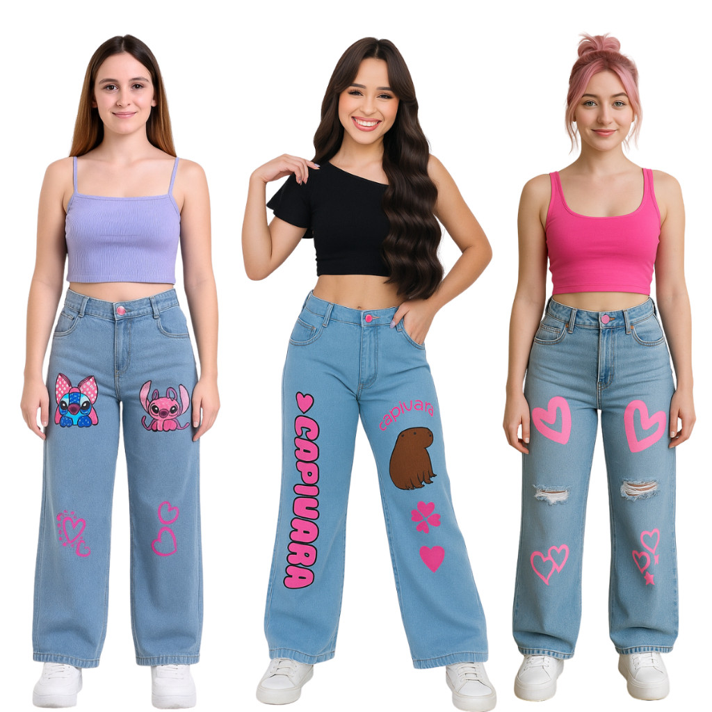 Kit 3 Calças Wide Leg Meninas Infantil e Juvenil Estampada Jeans