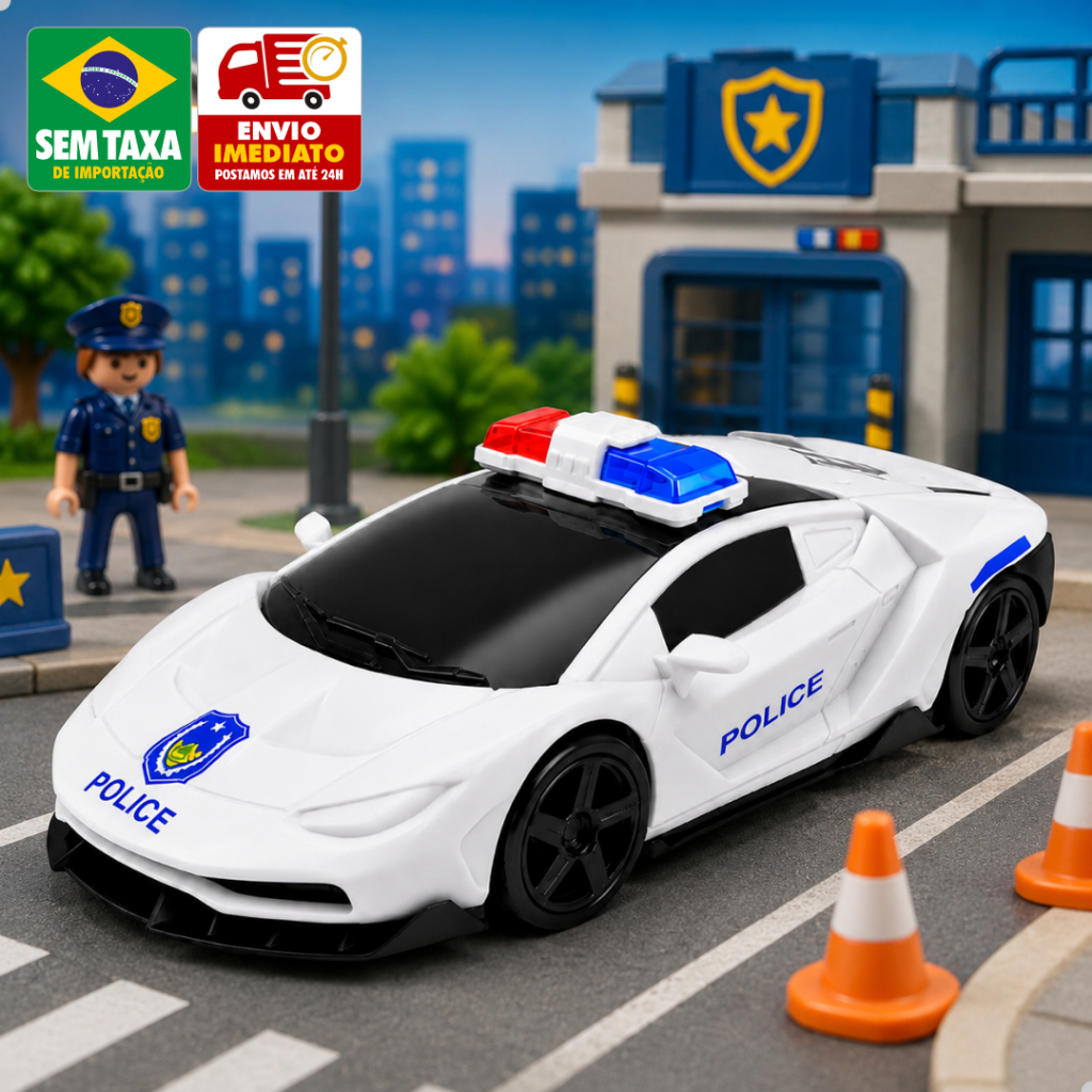 Brinquedo Carro de Polícia Special Force 20cm Bate e Volta Luz Som Movimento a Pilha Viatura