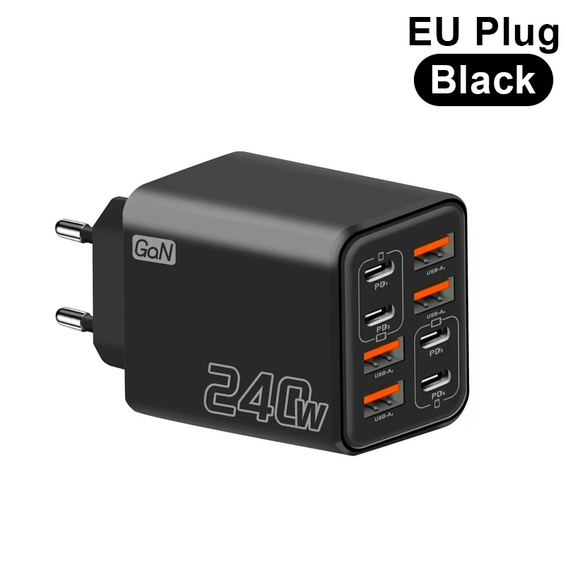 Carregador Turbo GaN 240W Universal 8 Portas USB-C PD + USB-A Fast Charge Bivolt EU Plug para Celular, Notebook, Tablet