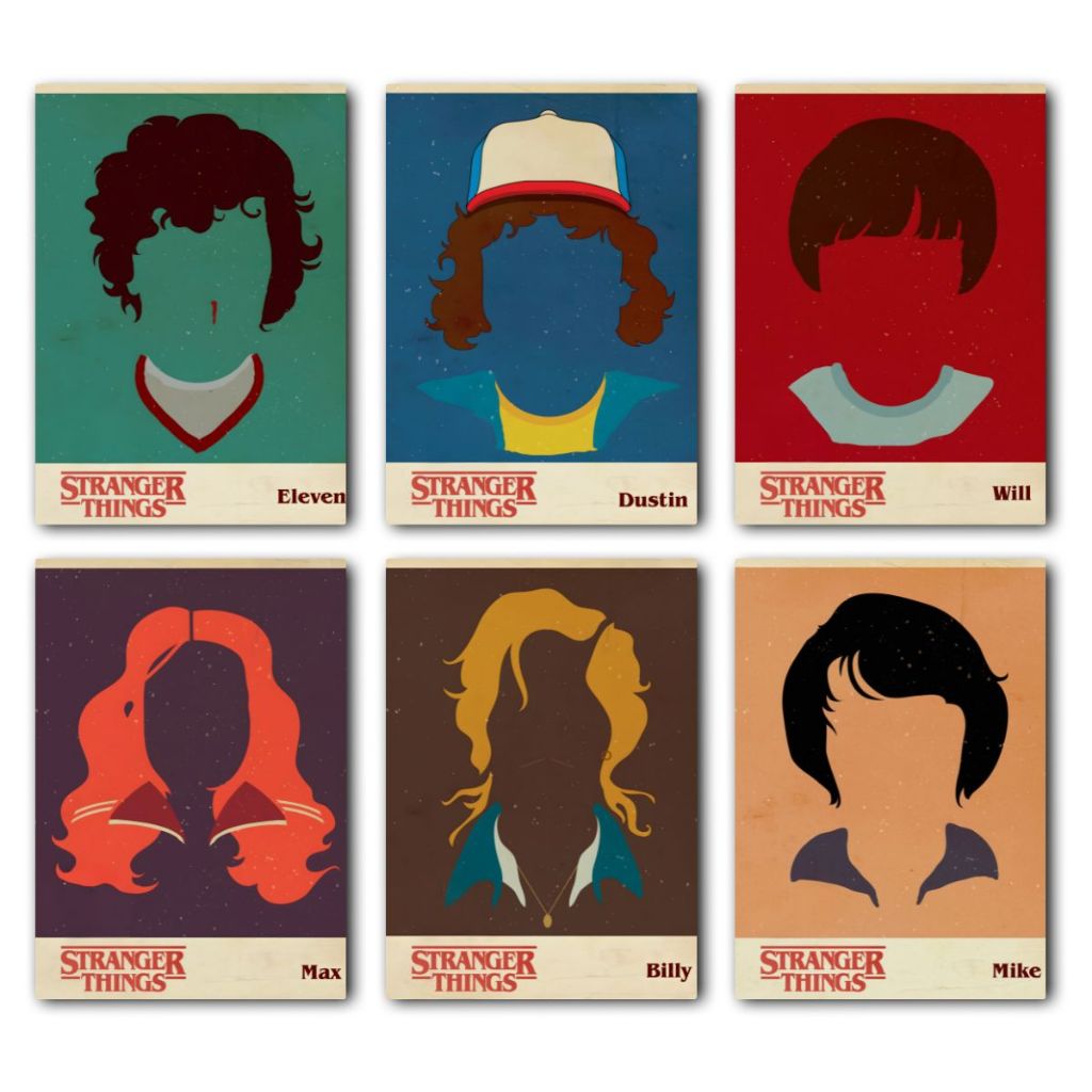 Kit 6 Quadros Decorativos Stranger Things - Feito em Madeira - Já com Fita Adesiva
