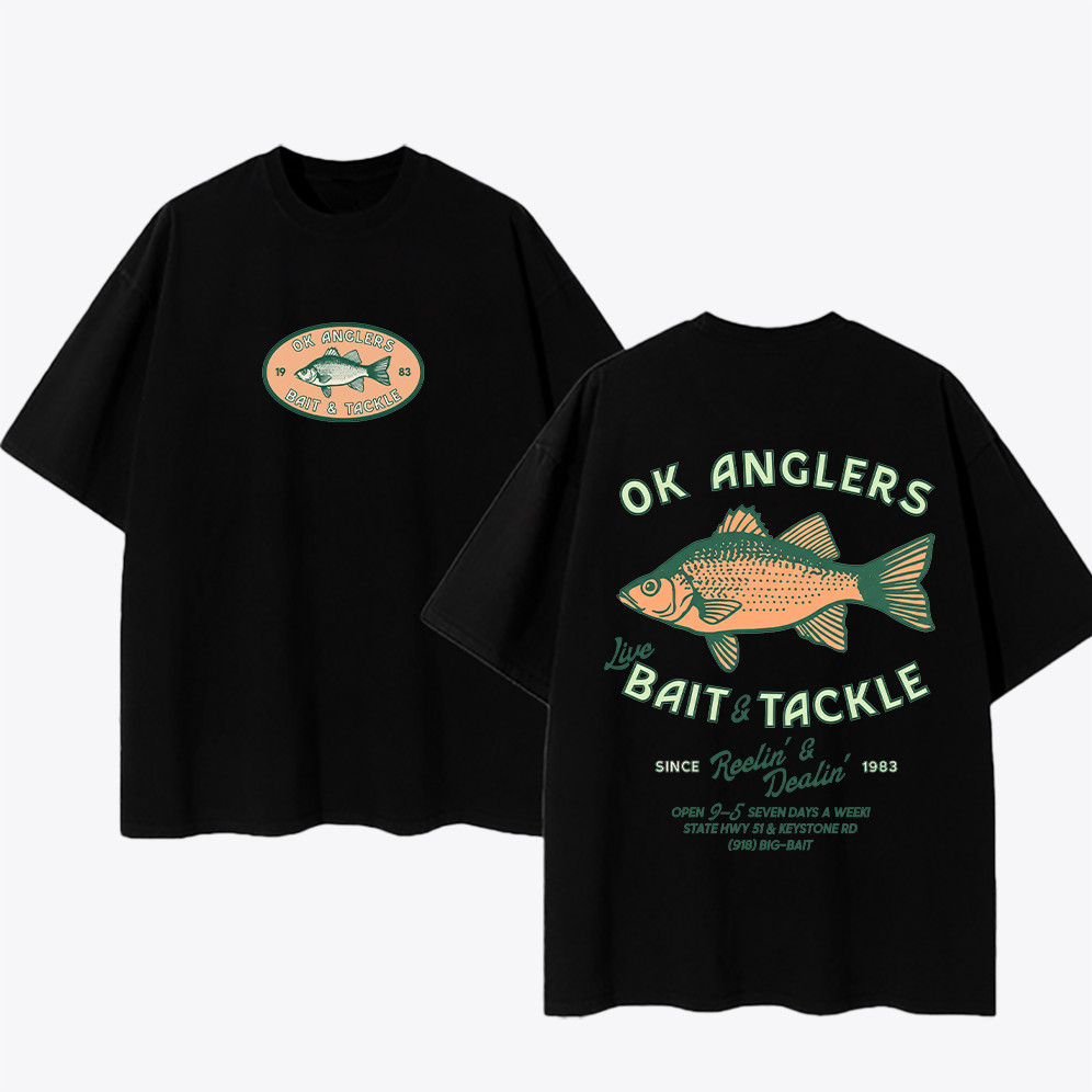 Camiseta Preta Oversized de Algodão Unisex, Estampa de Pescador 