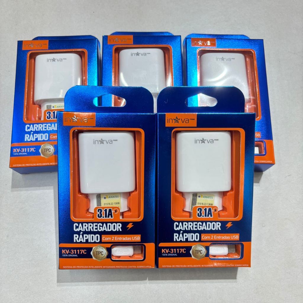 Carregador de celular Inova Original 3.1A Com 2USB Micro V8/ Tipo C/iPhone CAR-3117
