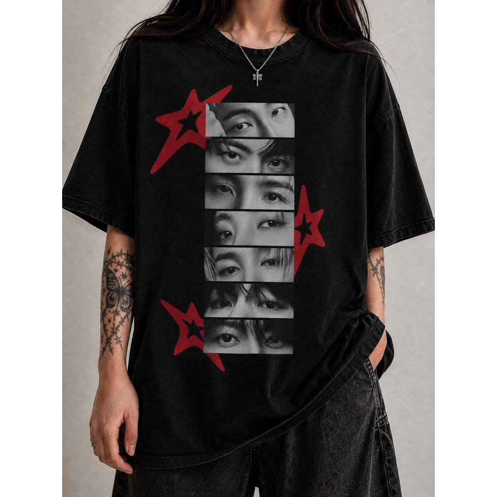 Camiseta Unissex Oversized Alta Qualidade Masculina Estampa de BTS Bangtan Boys Eyes Graphic T‑shirt Vintage
