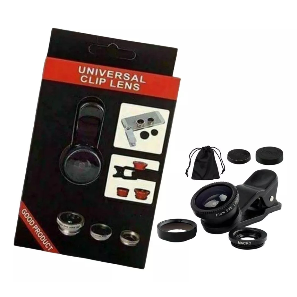 KIT COM 3 LENTES PARA CELULAR - MACRO, WIDE E FISH EYE/OLHO DE PEIXE - UNIVERSAL CLIP LENS