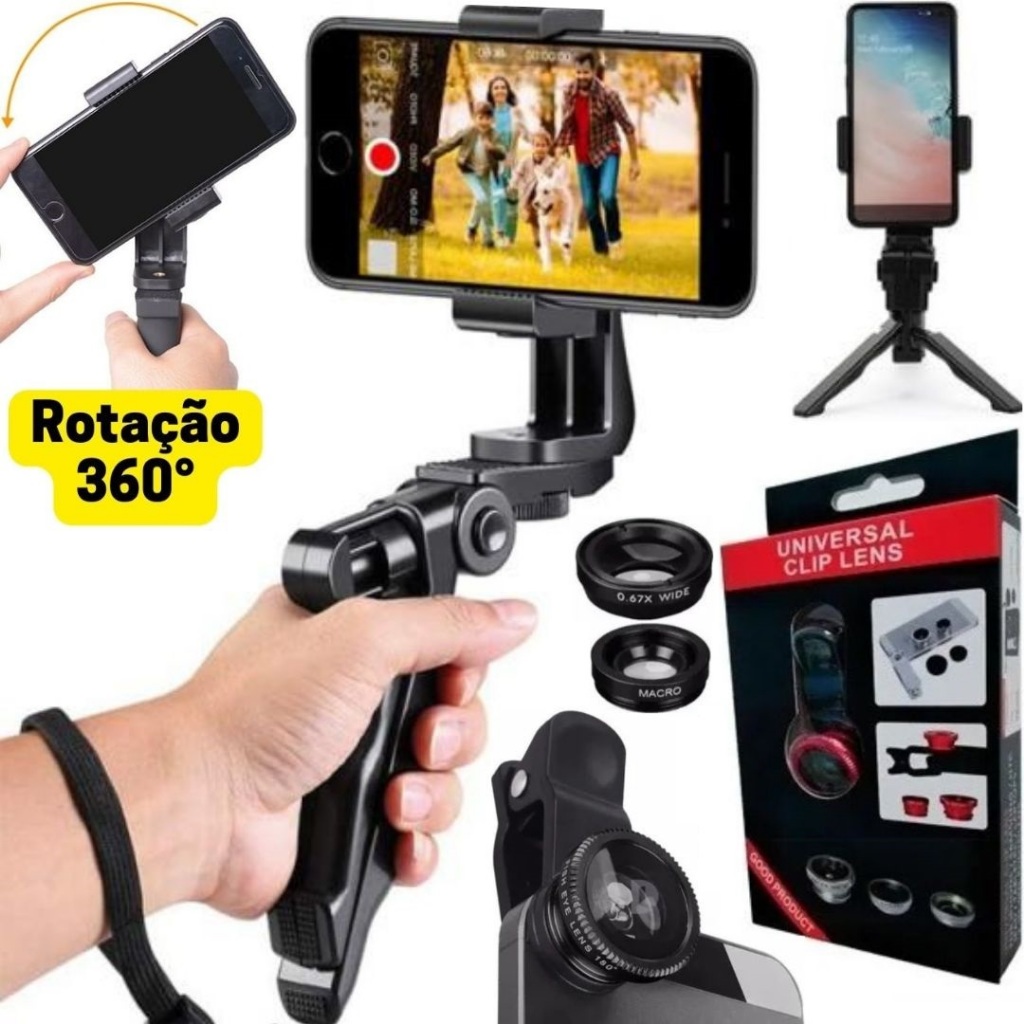 Suporte 2 Em 1 Tripé Stedicam + Kit Lentes Olho Peixe Wide Macro Celular Vídeos Youtuber Vlog