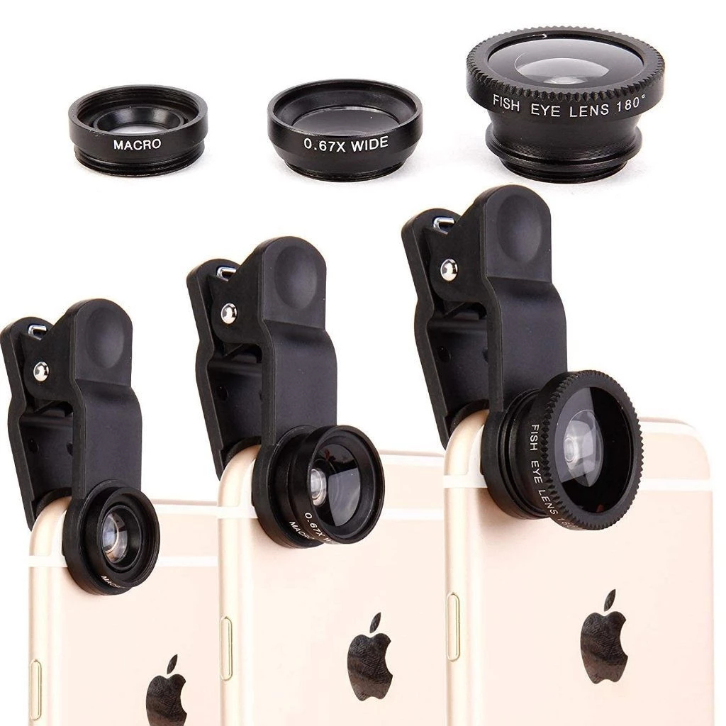 Lente para Smartphone 3 em 1 Clip Universal Fish Eye Wide Macro HD