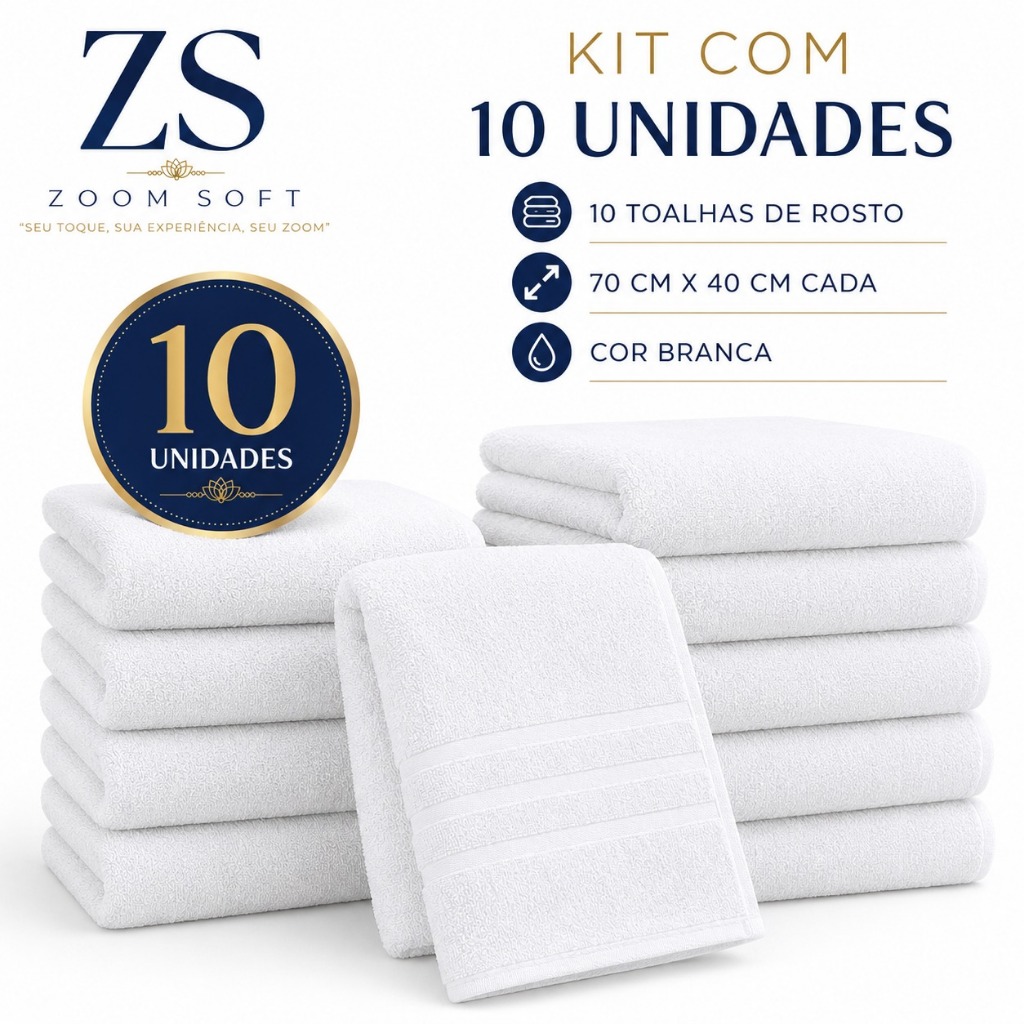 Kit C 10 Toalha De Rosto Branca Cintia - 70x40cm - Profissional - 82g - Cabeleireiro - Zoom Soft - Banheiro