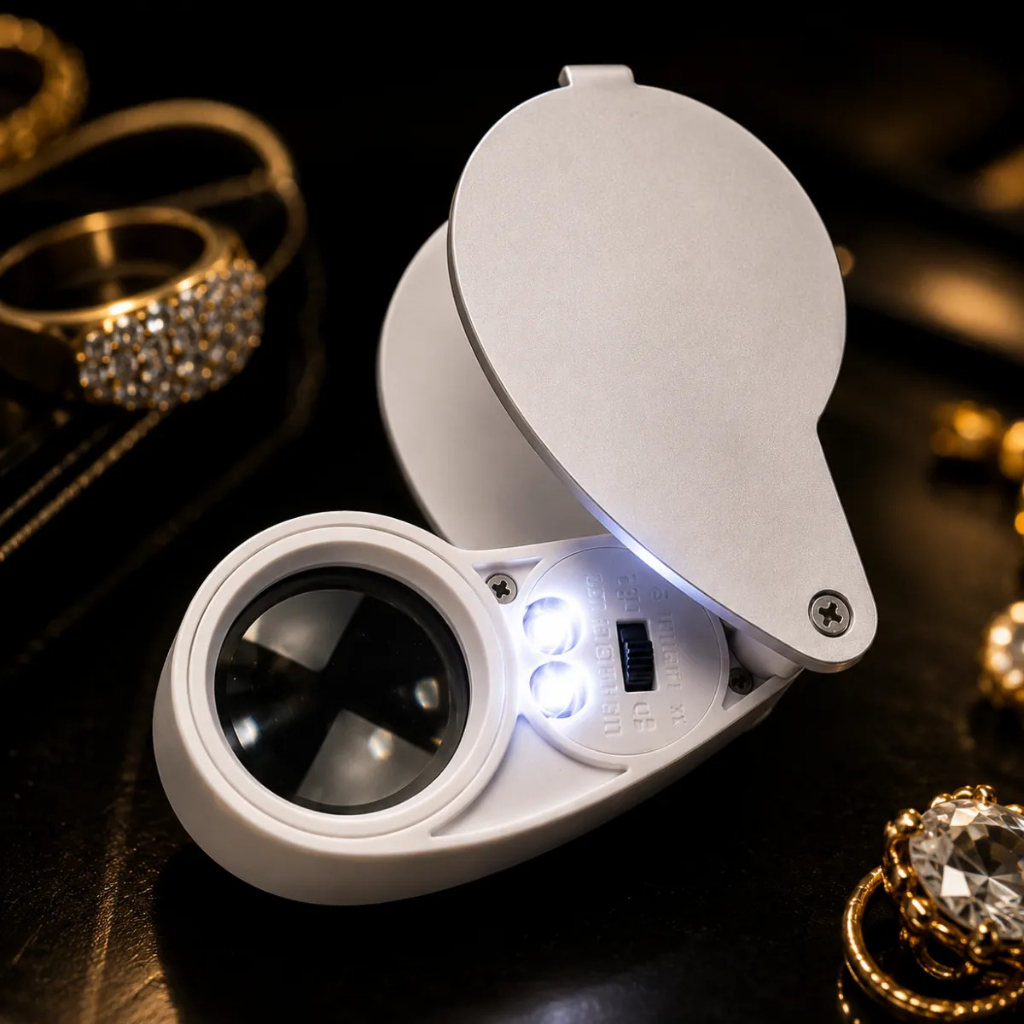 Mini Lupa Gota De Mão Com Luz De Led Duplo Zoom 40x Articulada Joalheiro