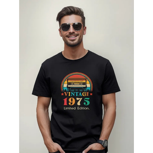 Camiseta Masculina Estampa Nasci Em 1975 Fita Rádio Vintage Tecido Premium 100% Algodão